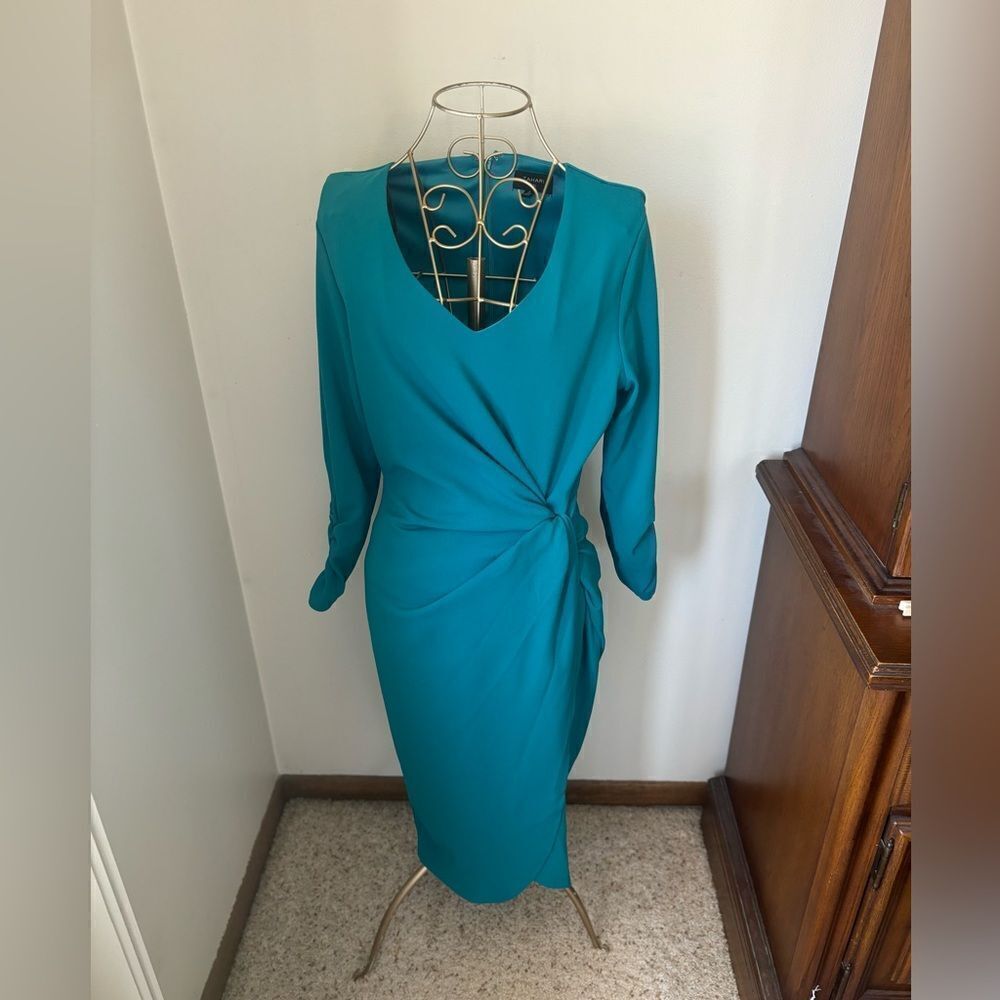 Tahari ASL Teal Ruched  Sheath Dress Women Size 4 Long Sleeve Stretch